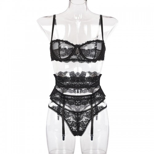 3-piece Transparent Lingerie Set with Balcony Bra Lace Thong and Garter Belt | Womens Underwear & Nightwear by IBA