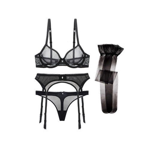 3 Piece Sheer Mesh Lingerie Set with Matching Stockings | Womens Underwear & Nightwear by IBA