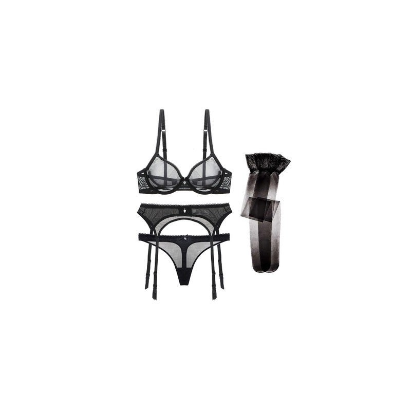 3 Piece Sheer Mesh Lingerie Set with Matching Stockings | Womens Underwear & Nightwear by IBA