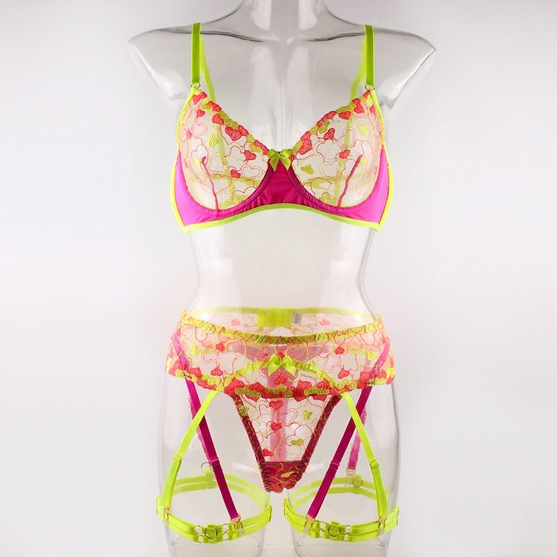 Three Piece Sexy Neon Garter Sheer Lace Lingerie Set | Womens Underwear & Nightwear by IBA