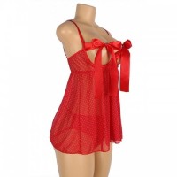 Red & White Polka Dot Babydoll Chemise Lingerie With Matching Cage Back Knickers