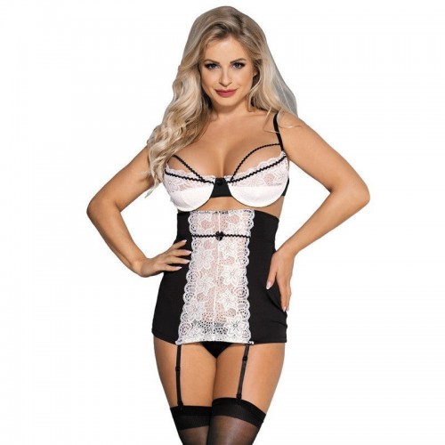 Sexy 2 Piece Lingerie Set with Garter Straps | Black with White Embroidered Lace | Womens Underwear & Nightwear by IBA