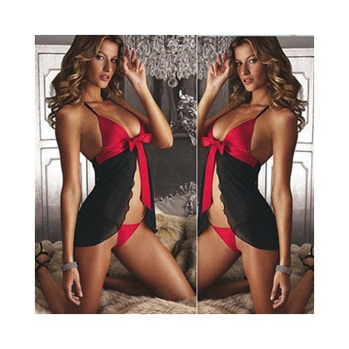 Sexy Black Lingerie Slip Dress with Red Bow | Womens Underwear & Nightwear by IBA