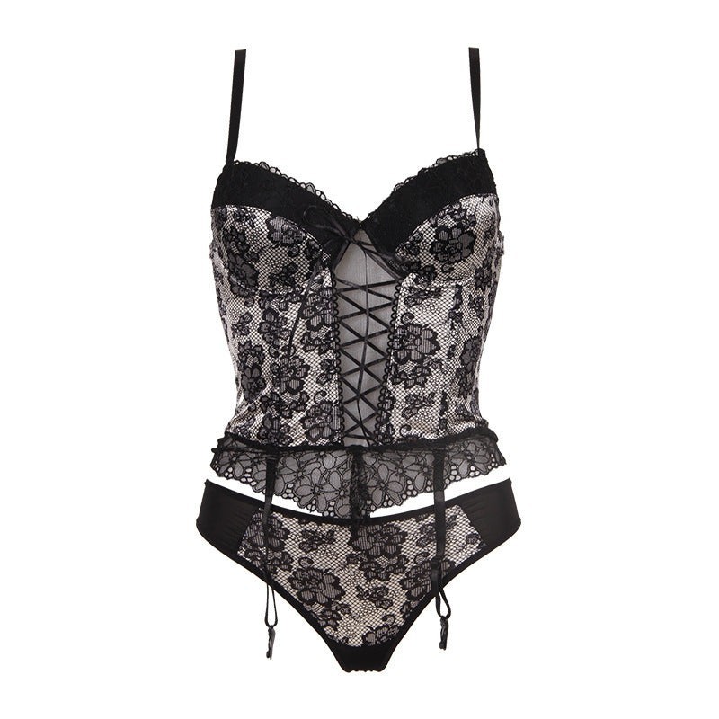 Lace Corset Lingerie Set | 2 Piece - Black and Beige | Womens Underwear & Nightwear by IBA