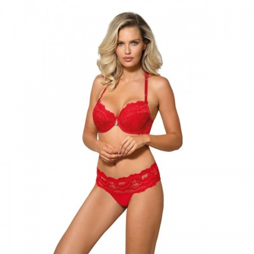 Red Stunning Plunge Front Fastening Push Up Bra With Centre Diamante Detail & Halter Neck Design